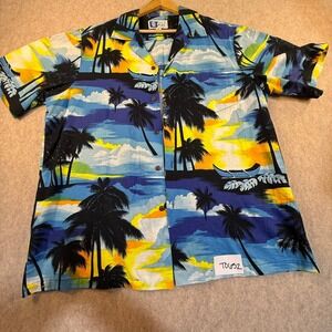 RJC Hawaiian Shirt Mens XL Tropical Sunset Palm Tree Canoe Camp Button Down Blue